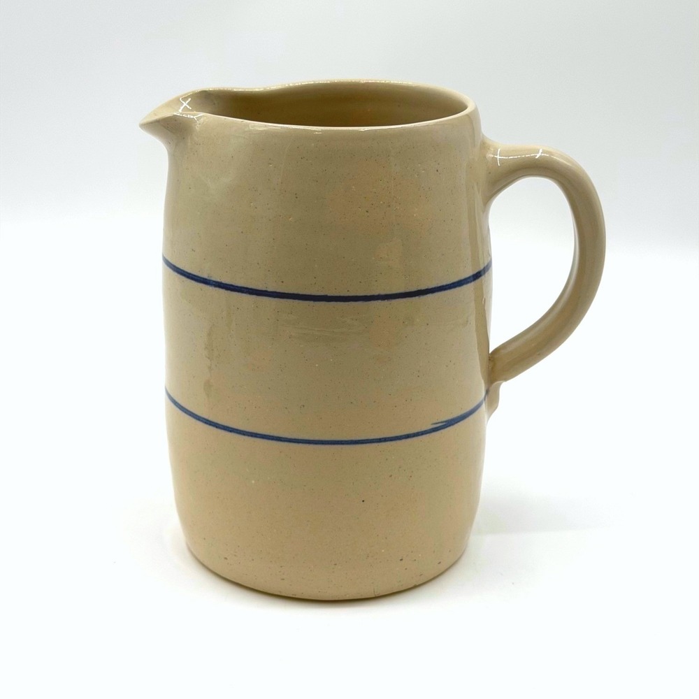 Marshall Pottery Stoneware Pitcher Tan Cobalt Blue Bands Signed Texas 7.5 Inch